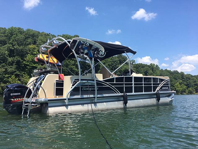 2014 Godfrey Sanpan 2500 FE BAR with a F250 Pontoon Tower wakeboard tower, photo 1 of 3